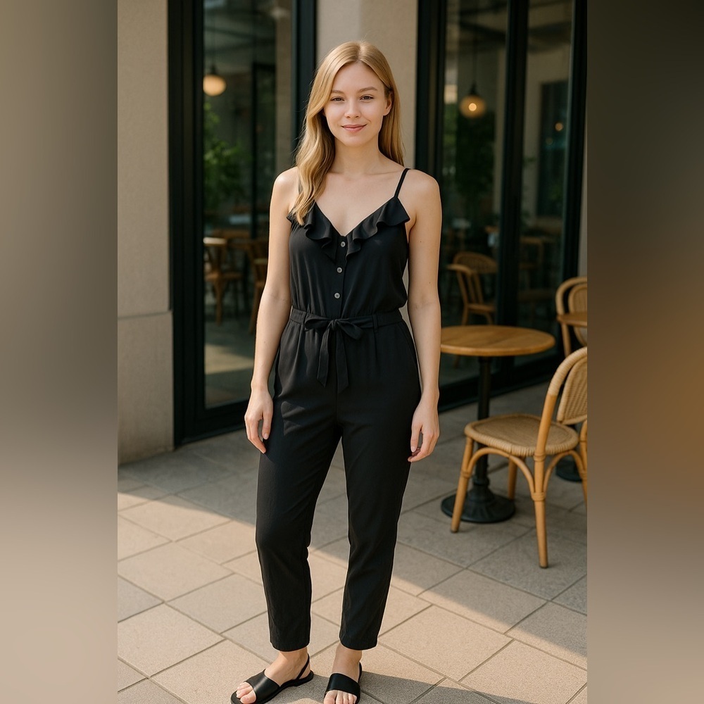 L'amour by Nanette Lepore Black Ruffled Jumpsuit Size S